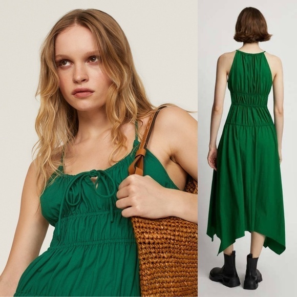 PROENZA SCHOULER Emerald Crepe Ruched Smocked Tie Front Sleeveless Midi Dress 10 - Picture 9 of 16